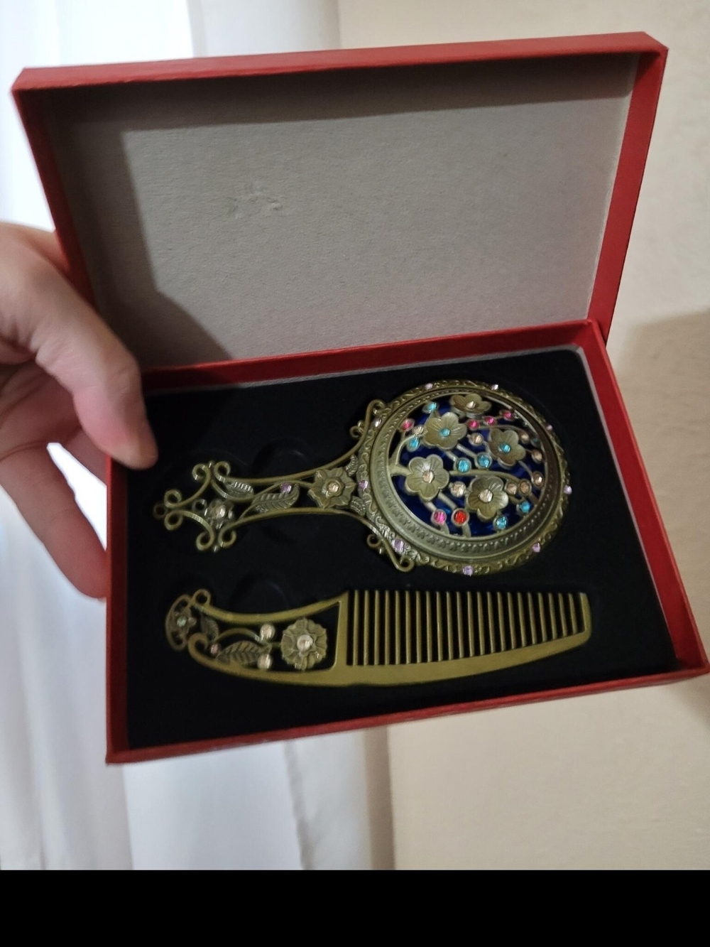 Antique-Style Gold Hand Mirror and Comb Set - Floral Inlay